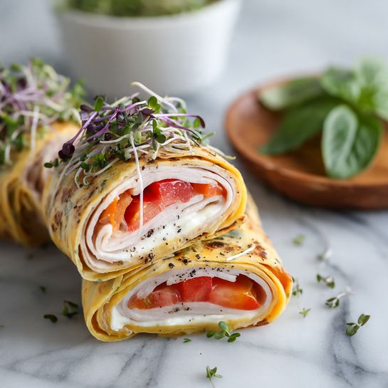 The image shows two folded egg wraps on a white marble surface. Each wrap has three visible layers inside: a base layer of white cheese, a middle layer of bright red tomato slices sprinkled with black pepper, and a top layer of light-colored sliced turkey with small green and purple microgreens scattered over. The egg wraps are light yellow with soft, slightly wrinkled texture on the outside. Around the wraps, there are some loose microgreens and fresh green basil leaves on a small wooden plate. Part of a white bowl with more microgreens is partially visible at the top left. Photo taken with an iphone --ar 4:5 --v 7