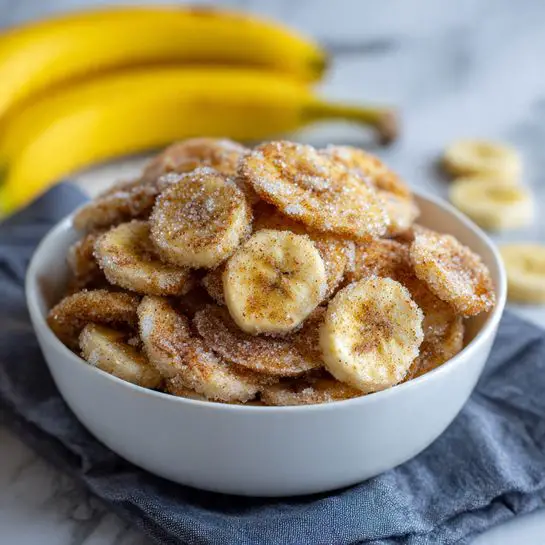 The image shows a white bowl filled with many round, thin banana slices sprinkled with sugar and cinnamon, creating a sparkling texture on the yellow and light brown slices. The banana slices are layered loosely, some overlapping others, and the bowl sits on a soft, dark cloth. In the background, there are two whole yellow bananas, all placed on a white marbled surface. The look is warm and inviting, with a close-up focus on the sugared banana slices. Photo taken with an iphone --ar 4:5 --v 7