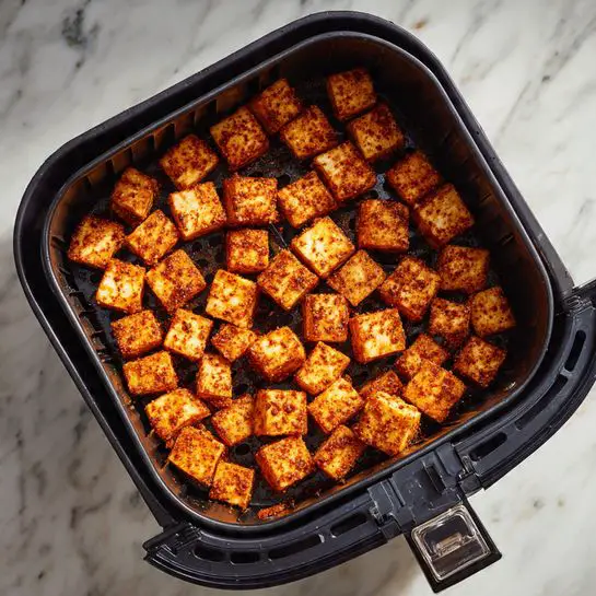 A black air fryer basket filled with many small, evenly sized cubes of golden brown tofu coated with an orange-brown spice mix, arranged in a single layer. The fryer is placed on a white marbled surface. The tofu pieces have a crispy outer texture with slight seasoning visible. photo taken with an iphone --ar 4:5 --v 7