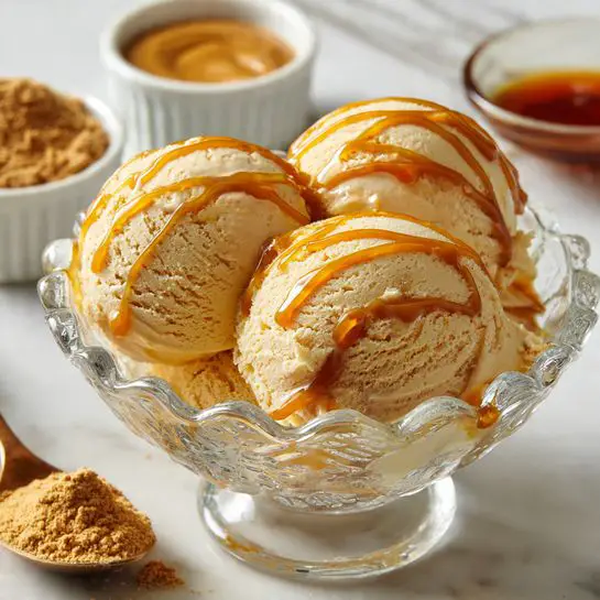 Three round scoops of light brown ice cream sit inside a clear glass bowl with scalloped edges. Each scoop is drizzled with a sticky caramel-colored sauce that runs down in thin streams. Surrounding the bowl on a white marbled surface are other small white bowls, one containing more sauce and another with a brown powdery substance. The colors are warm and creamy, with a soft focus on the ice cream and sauce detail. Photo taken with an iphone --ar 4:5 --v 7