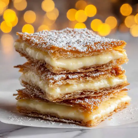 The image shows three layers of golden brown crispy pastry stacked on top of each other, each layer separated by thick, creamy white filling. The top pastry layer is sprinkled with fine white powdered sugar, adding a light dusting effect. The texture of the pastry looks crunchy and caramelized, while the creamy filling appears smooth and soft. The stack rests on white paper against a blurred background with warm yellow lights. The surface beneath has a white marbled texture photo taken with an iphone --ar 4:5 --v 7