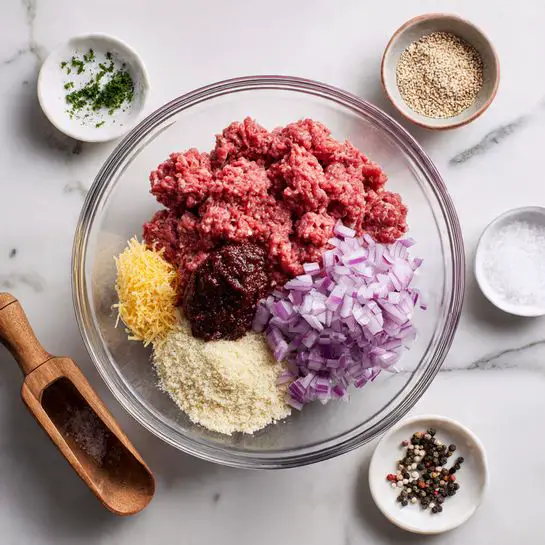 A clear glass bowl sits on a white marbled surface, filled with several layers of ingredients: bright red raw ground meat forms the largest layer, topped with a small heap of finely chopped purple onions on the right side. Next to the onions, there is a dollop of rich, dark reddish-brown paste. A pile of light beige breadcrumbs is placed toward the bottom center, and finely minced yellow garlic pieces rest beside the onions. Around the bowl on the marbled surface are small white bowls with coarse salt and a mix of white and black sesame seeds, and a wooden bowl with a mix of black, white, and pink peppercorns with a small wooden scoop. The whole scene is brightly lit. photo taken with an iphone --ar 4:5 --v 7