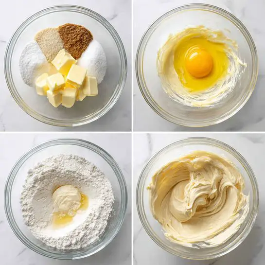 A clear glass mixing bowl is shown on a white marbled surface in six steps. The first layer shows brown and white sugar with three pieces of pale yellow butter placed on top. The second layer is a creamy, light beige mixture after the sugars and butter are mixed together. The third layer adds a bright yellow egg yolk sitting on top of this creamy mixture. The fourth layer shows the egg partly mixed in, creating a thicker, smoother light beige texture. The fifth layer has a white powder, likely flour, being added on top of the mixture. The final layer shows a thicker, dough-like light beige mixture fully combined, sitting around the mixing blade inside the bowl. Photo taken with an iphone --ar 4:5 --v 7