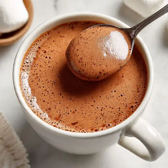 A close-up image shows a white cup filled with smooth, light brown hot chocolate that has small bubbles around the edges. A silver spoon rests across the top of the cup, holding a rounded scoop of the creamy drink, which has a glossy surface with tiny dark specks. The background is a white marbled surface with soft, blurred shapes that suggest marshmallows and other decorative items. photo taken with an iphone --ar 4:5 --v 7