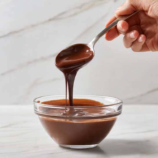 A clear glass bowl filled with smooth, rich chocolate sauce with a shiny texture. A silver spoon held by a woman's hand is lifting some of the chocolate sauce above the bowl, and the sauce is slowly dripping back into it in a thick, flowing stream. The background is a white marbled texture, making the dark brown color of the chocolate stand out clearly. Photo taken with an iphone --ar 4:5 --v 7