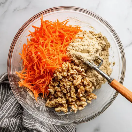 A clear glass bowl on a white marbled surface holds three main layers of ingredients before mixing: bright orange shredded carrots on the bottom left, a thick beige oatmeal-like mixture clinging to two metal beaters on the top left, and chopped light brown walnuts on the right side. An orange spatula rests inside the bowl, touching the oatmeal mixture and walnuts, with a gray and white striped cloth partially under the bowl. Photo taken with an iphone --ar 4:5 --v 7