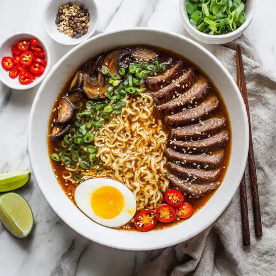 A white bowl filled with dark brown broth, thick noodles sitting in the broth, mixed with sliced shiitake mushrooms and bright red chili slices scattered on top. On one side, five slices of cooked meat lie, sprinkled with chopped green onions and sesame seeds. On the opposite side, a halved soft boiled egg with a slightly runny golden yolk is also topped with sesame seeds. Wooden chopsticks rest on the edge of the bowl. Around the bowl on the white marbled surface are small white dishes containing red chili slices, chopped green onions, and pepper seeds, with a green lime wedge nearby. A light grey cloth is draped partially next to the bowl. Photo taken with an iphone --ar 4:5 --v 7