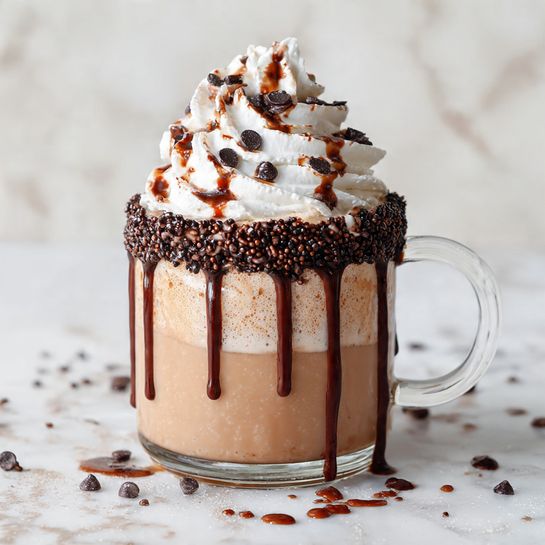 A clear glass mug filled with light brown hot chocolate, showing a smooth and creamy texture, with chocolate syrup dripping down the inside and outside of the glass; the rim is coated with dark chocolate sprinkles that add a rough texture, topped with a large swirl of white whipped cream, drizzled with dark chocolate sauce and scattered with small dark chocolate chips. The mug is placed on a white marbled surface with small chocolate sprinkles and drops of chocolate sauce around it. Photo taken with an iphone --ar 4:5 --v 7