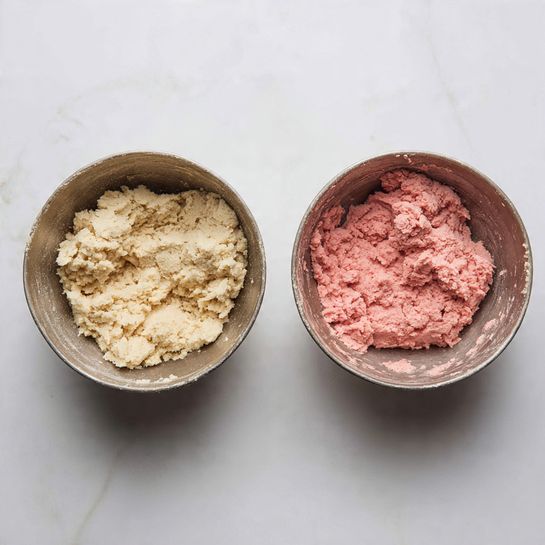 Two metal bowls sit side by side on a white marbled surface, each filled with a different dough mixture. The left bowl contains a pale beige dough with a crumbly texture, filling the bowl almost to the top. The right bowl holds a bright pink dough, also crumbly in texture and filling the bowl similarly. Both bowls show some dough stuck to their inner sides, and the lighting highlights the rough surfaces of the doughs. Photo taken with an iphone --ar 4:5 --v 7