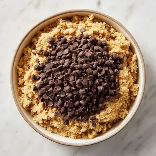The image shows a white bowl with a light beige rim, filled with two visible layers. The bottom layer is a crumbly, sandy-colored dough with a coarse texture, covering the entire bowl base. On top, there is a thick pile of small, smooth, dark brown chocolate chips, mostly centered but spreading slightly towards the edges. The bowl is placed on a white marbled surface. photo taken with an iphone --ar 4:5 --v 7