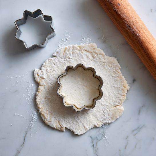 A sheet of white dough is rolled flat on a white marbled surface with a metal cookie cutter in the shape of a six-pointed flower placed on top near the center. The dough shows slightly uneven edges where it was rolled out. To the left of the dough, there is another metal cookie cutter of a different shape resting on the surface. At the top right corner, part of a wooden rolling pin is visible. Photo taken with an iphone --ar 4:5 --v 7