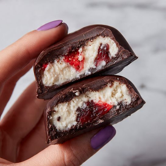 The image shows a close-up of two pieces of chocolate-covered dessert on a white marbled surface. Each piece has three layers: a dark brown, shiny chocolate outer layer with a slightly rough texture sprinkled with small white salt flakes; inside, there is a soft, light pink creamy layer mixed with small bright red strawberry chunks creating a contrast; some other whole chocolate-covered pieces are blurred in the background with a partially sliced strawberry visible to the right. photo taken with an iphone --ar 4:5 --v 7