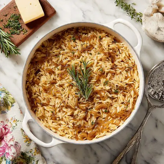 A white pan holds a single thick layer of cooked orzo pasta mixed with soft, light brown caramelized onions evenly spread throughout. The orzo has a shiny, moist texture, with sprigs of green rosemary placed on top at the center. The pan is set on a white marbled surface, with a square piece of pale hard cheese and fresh green herbs nearby, along with a floral-patterned cloth and a metal slotted spoon on the right side. Photo taken with an iphone --ar 4:5 --v 7