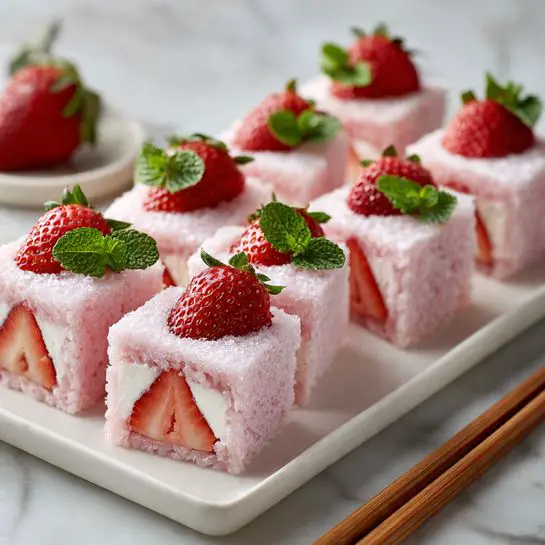 The image shows a rectangular white plate on a white marbled surface with eight pieces of sushi arranged neatly in two rows. Each sushi piece has a pink outer layer with a soft, slightly textured look and is topped with small green mint leaves and a halved bright red strawberry. Inside the sushi, there is a white creamy layer surrounding a whole red strawberry, creating a colorful contrast. A pair of wooden chopsticks rests on the right side of the plate, partially visible. The background is softly blurred, focusing attention on the fresh, vibrant sushi pieces. photo taken with an iphone --ar 4:5 --v 7