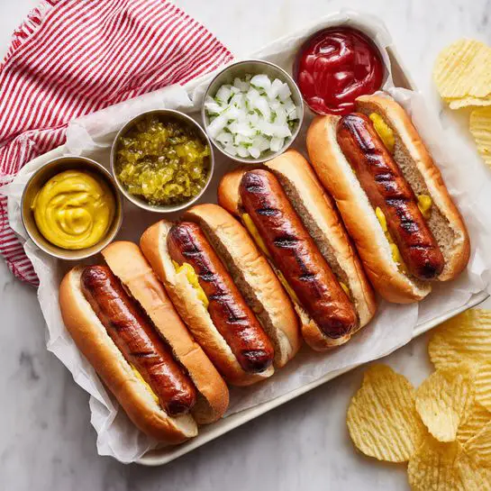The image shows a white rectangular tray lined with light parchment paper, holding four hot dogs in soft, light brown buns. Each hot dog features a shiny, dark brown sausage with grill marks on top. On the left side of the tray, there are four small metal cups filled with condiments: bright yellow mustard, green relish with a chunky texture, white chopped onions, and glossy red ketchup. The tray is placed on a white marbled surface with some pale yellow ridged potato chips scattered around. A red and white striped cloth is partially visible in the top left corner of the image. photo taken with an iphone --ar 4:5 --v 7