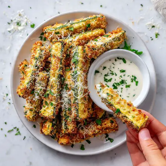 The image shows a white round plate filled with golden-brown fried zucchini sticks topped with small bits of green herbs and a light sprinkling of grated cheese. The zucchini sticks have a textured crispy coating and are stacked loosely in the center of the plate. On the right side of the plate, there is a small white bowl filled with creamy white dipping sauce sprinkled with chopped green herbs. A single zucchini stick is dipped halfway into the sauce, held by a woman's hand. The plate is set on a white marbled surface with scattered bits of chopped herbs and coarse salt around it. Photo taken with an iphone --ar 4:5 --v 7