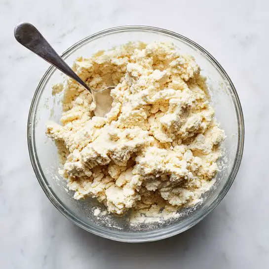 A clear glass bowl filled with a crumbly, pale yellow dough mixture with a rough, chunky texture. Inside the bowl, a silver spoon rests partially submerged in the dough. The bowl is placed on a white marbled surface, creating a clean, bright background. The dough looks uneven with small and medium-sized clumps throughout, showing a dry and coarse mixture. photo taken with an iphone --ar 4:5 --v 7