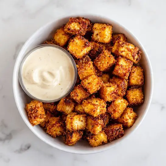 A white bowl filled with many small, crispy, golden-brown cubes of roasted tofu stacked unevenly, showing a crunchy texture on each piece. On the right side inside the bowl, there is a small white container holding creamy, smooth, white dipping sauce with soft peaks. The bowl is placed on a white marbled surface. Photo taken with an iphone --ar 4:5 --v 7