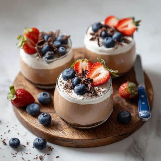 There are three glass cups filled with smooth light brown mousse placed on a round wooden board. Each cup has two layers: the bottom is the light brown mousse, topped with a layer of white cream. On top, there are fresh sliced red strawberries, whole dark blue blueberries, and thin dark chocolate shavings scattered as decoration. Around the wooden board, there are loose blueberries and strawberries, with a blue and white knife lying nearby. The scene is set on a white marbled surface with soft natural light. photo taken with an iphone --ar 4:5 --v 7
