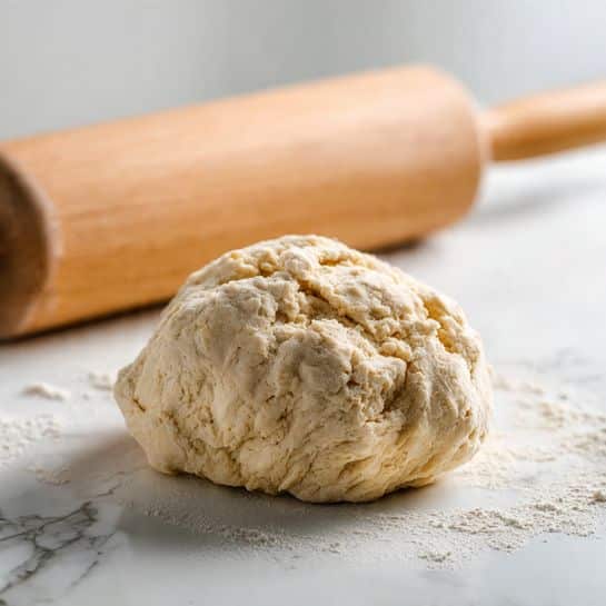 A rough ball of light beige dough with an uneven, soft texture sits on a white marbled surface. Behind the dough, a smooth wooden rolling pin lies horizontally and slightly out of focus, showing its rounded handle and simple design. The scene is bright and clean, emphasizing the fresh dough and the natural wood tones of the rolling pin photo taken with an iphone --ar 4:5 --v 7