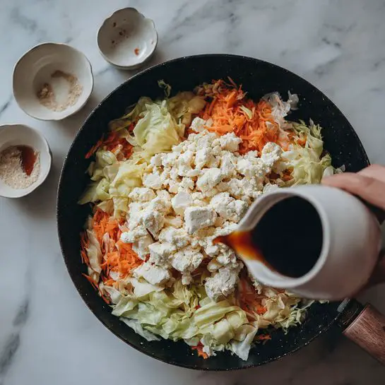 A black frying pan sits on a white marbled surface, filled with two main layers of food; at the bottom is a mix of light yellow and orange shredded vegetables, likely cabbage and carrots, with a rough texture and soft look, covering the whole pan. On top of that is a thick heap of crumbly off-white tofu, mainly centered but spreading out unevenly. A woman's hand holding a small white cup pours a dark brown sauce over the tofu. Two small white dishes with light remnants of food sit near the pan, all under soft natural light. Photo taken with an iphone --ar 4:5 --v 7