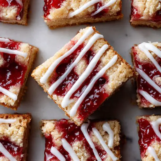 The image shows square pieces of soft, light brown crumbly cake with bright red fruit filling inside, placed closely in a grid on a white marbled background. The cake has a rough texture with cracks and small holes where the red filling is visible. Thin white icing is lightly drizzled across the top of each piece in uneven lines, adding a glossy contrast. The red fruit filling peeks through the crumbs in places, giving a juicy, shiny look. The cake pieces are neatly cut, showing the layers of cake and filling clearly. photo taken with an iphone --ar 4:5 --v 7
