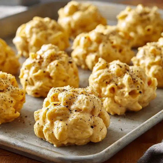 The image shows small, round clusters of pale yellow macaroni and cheese balls on a baking tray with a slightly textured metallic surface. Each cluster is made of tightly packed macaroni pieces coated in a creamy, light orange cheese mixture with specks of black pepper visible. The balls have an uneven surface with some macaroni shapes protruding, giving them a rough texture. The overall look is warm and soft, inviting for a snack or appetizer. Photo taken with an iphone --ar 4:5 --v 7