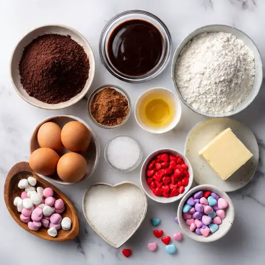 A white plate holds seven heart-shaped brownies of different sizes, each with a cracked, shiny dark brown top dotted with red, pink, and white candy pieces that add pops of color. The brownies have a slightly rough texture and are placed closely together, with some smaller ones near the edges. The plate sits on a white marbled surface, and next to it is a soft, light pink cloth casually spread out. A few scattered red, pink, and white candies lie around the plate, adding to the sweet and cozy feel. photo taken with an iphone --ar 4:5 --v 7