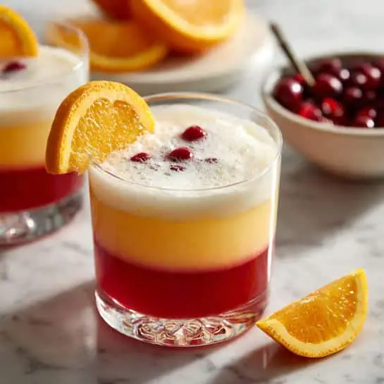 The image shows a glass filled with a two-layer drink on a white marbled surface. The bottom layer is a dark red color, smooth in texture, and makes up most of the drink. Above it is a frothy, light cream-colored layer with a few red berries floating on top. The glass is clear, round, and without a stem. On the rim of the glass, there is a bright orange slice placed slightly to the side. In the background, there is a clear bowl with more of the same drink, a spoon inside, and some orange halves and red berries slightly out of focus. photo taken with an iphone --ar 4:5 --v 7