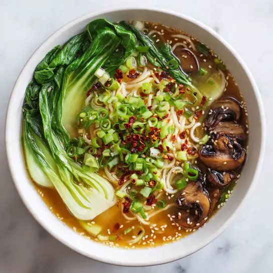 A white spoon rests on the top left inside a white bowl filled with light brown broth. Thin white noodles sit in the center, topped with sliced green onions and red chili flakes. Bright green bok choy leaves and stems are placed around the noodles, with several brown mushrooms scattered on the right side. The broth has a clear, slightly oily texture, and there are small white sesame seeds sprinkled over everything. The bowl sits on a white marbled background photo taken with an iphone --ar 4:5 --v 7