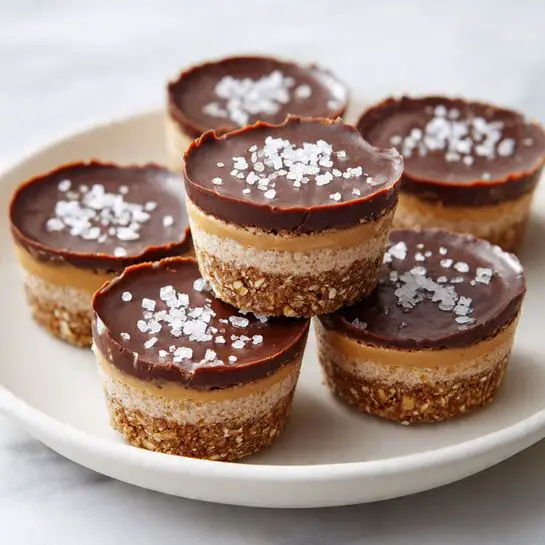 There are six small round dessert cups stacked and arranged on a white plate with a white marbled background. Each dessert cup has three layers: the bottom layer is a textured, light brown oat and peanut base, the middle layer is smooth and creamy peanut butter-colored, and the top layer is a dark, shiny chocolate disk sprinkled with small white salt flakes. The cups look thick and neatly made, showing the clear separation of layers. Photo taken with an iphone --ar 4:5 --v 7
