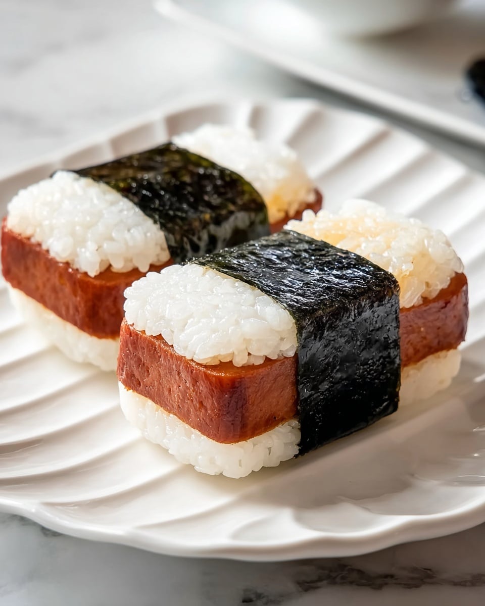 Two pieces of musubi are placed on a white plate with a wavy design. Each musubi has three layers: the bottom layer is white sticky rice with a soft, rounded texture; the middle layer is a rectangular slice of browned spam with a slightly shiny surface; the top layer is a glossy, black strip of seaweed wrapped around the rice and spam, holding them together. The background is a white marbled texture. photo taken with an iphone --ar 4:5 --v 7