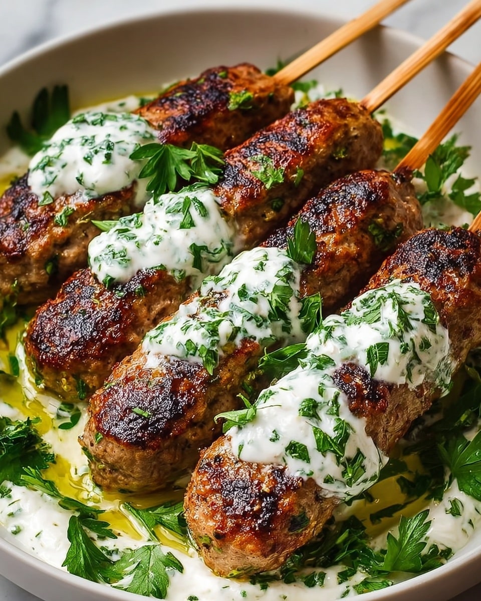 The image shows five grilled meat skewers placed side by side inside a white bowl with a white marbled texture surface underneath. Each skewer has evenly browned, slightly charred oval meat pieces that have a rough, grilled texture. On top of each meat piece, there is a dollop of creamy yogurt sauce sprinkled with green herbs, which also spreads across the base of the bowl, mixed with fresh green parsley leaves and a drizzle of oil. The skewers are wooden, with the pointed ends sticking out from one side of the bowl. The whole dish looks warm, fresh, and appetizing, photo taken with an iphone --ar 4:5 --v 7