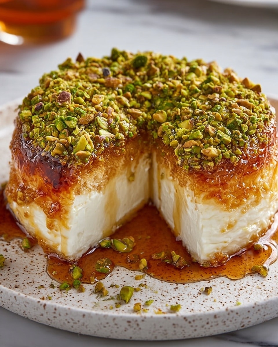 The dish is a round cake with three distinct layers, placed on a white speckled plate on a white marbled surface. The bottom layer is white, soft, and cheese-like in texture. Above it, a thin golden brown crispy layer clings to the edges, shiny with syrup dripping down the sides. The top layer is crushed green pistachios that cover the surface completely, some spilling onto the plate. The cake is cut in half to show the layers clearly, and sticky syrup pools at the base, adding a glossy finish. The photo was taken with an iphone --ar 4:5 --v 7