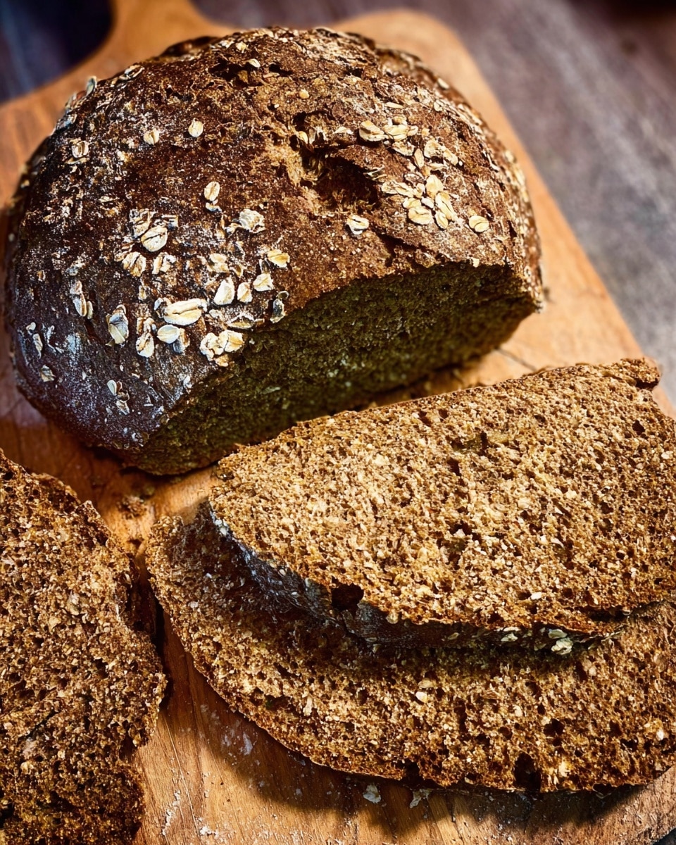 A rustic round loaf of dark brown bread is shown on a wooden board. The loaf has a rough, crusty top sprinkled with oats, giving a textured look. Three large slices are cut from the loaf and laid around it, showing the dense, coarse inside filled with small grains and seeds. The bread has a hearty appearance with uneven edges, and the crust is darker and cracked, highlighting its crunchiness. Photo taken with an iphone --ar 4:5 --v 7
