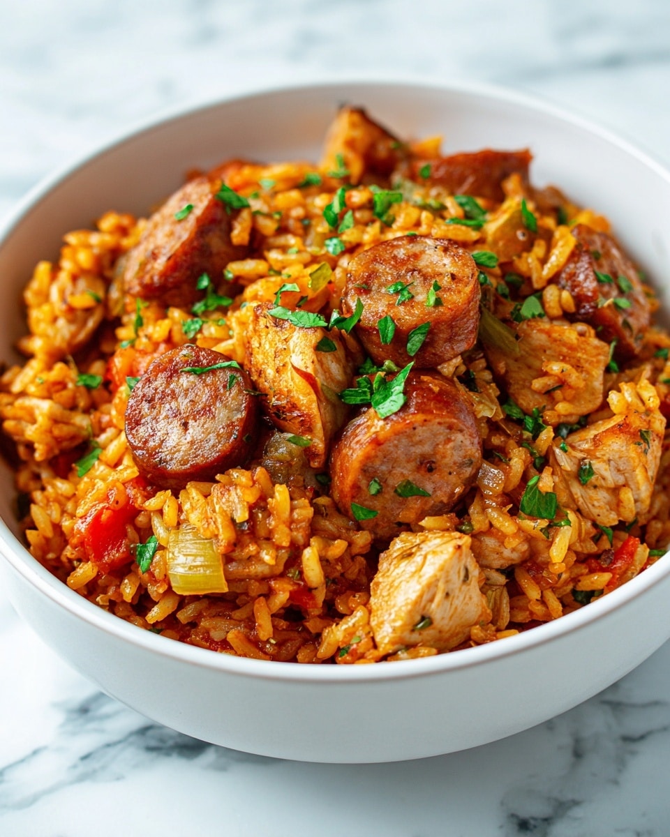 A white bowl filled with a mix of rice and pieces of sausage and chicken. The rice is orange-red, showing it is cooked with spices and small bits of diced onion and tomato. There are thick sausage slices, browned and juicy, scattered around the bowl. In between the sausage are chunks of light brown chicken pieces. Green bits of chopped herbs are sprinkled across the top to add color. The bowl sits on a white marbled surface. Photo taken with an iphone --ar 4:5 --v 7