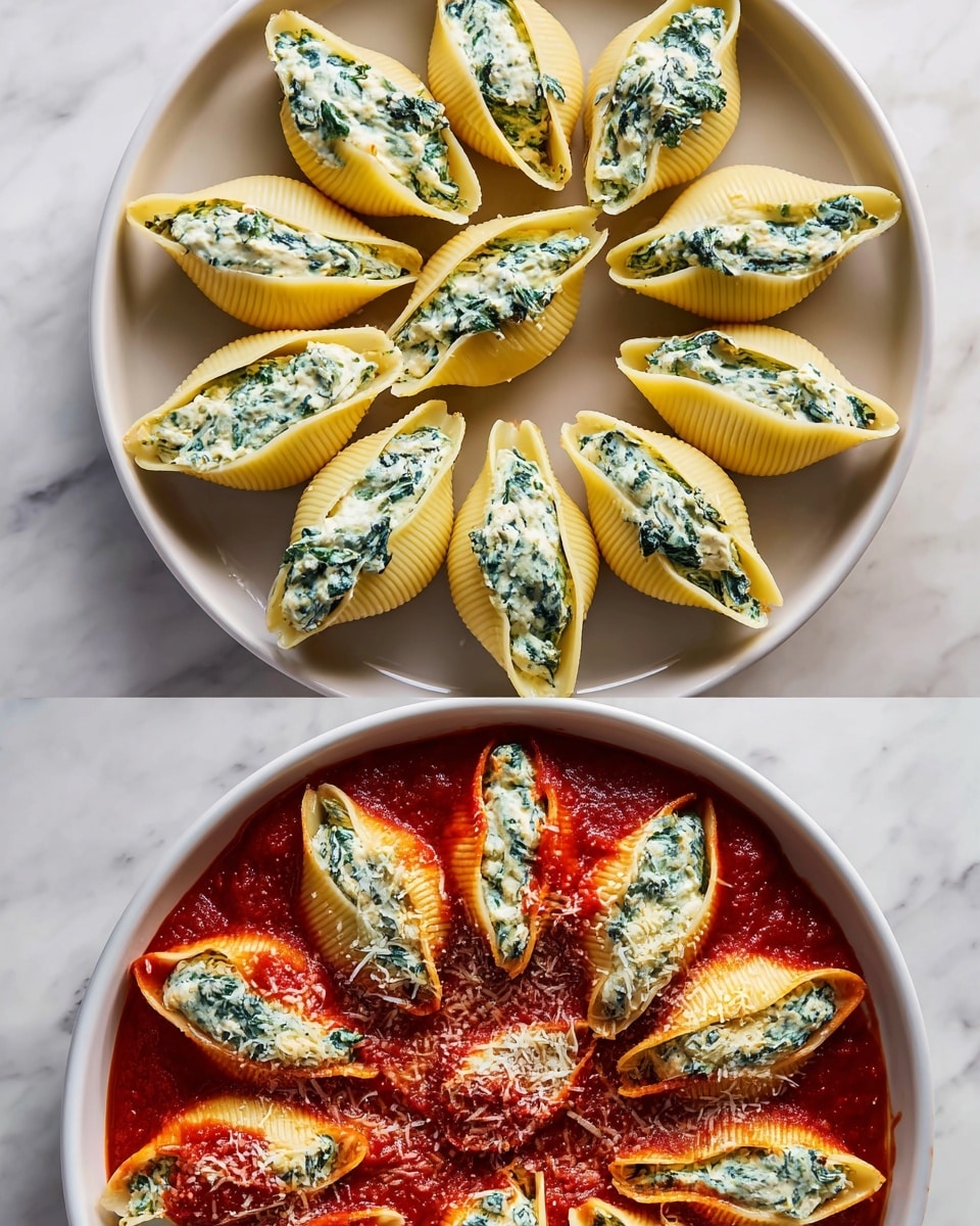 The images show a round white dish on a white marbled surface with two stages of stuffed pasta shells arranged in a circular pattern. The pasta shells are large and yellow with ribbed texture, each filled with a mixture that looks creamy white with green spinach pieces. In the first image, the shells are dry and perfectly placed in a circle with one in the center. In the second image, the pita shells are covered with rich, thick red tomato sauce mainly around and between the shells but leaving some filling visible. There is a light sprinkle of grated cheese over the sauce. Photo taken with an iphone --ar 4:5 --v 7