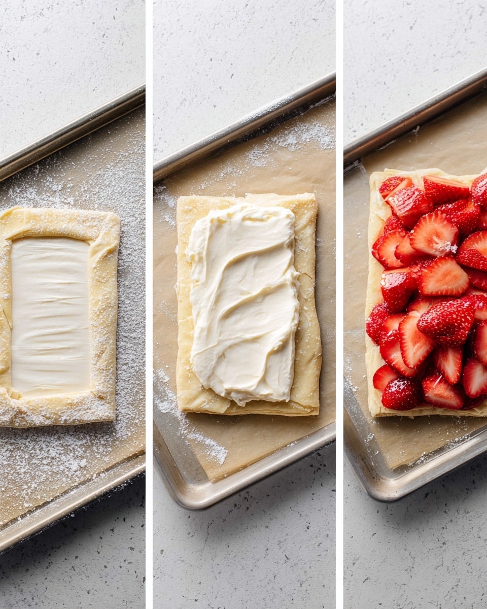 The image shows three steps of making a puff pastry snack on a baking tray with a white marbled texture background. The first step is a rectangular piece of flaky, pale yellow dough dusted with white flour, with a smaller rectangle lightly scored inside the edges. In the second step, a thick layer of creamy white cheese spread with a smooth and slightly textured surface is evenly spread inside the smaller rectangle on the dough. The last step presents the same dough rectangle topped with a layer of fresh, bright red sliced strawberries, arranged to cover the cheese spread fully. Photo taken with an iphone --ar 4:5 --v 7