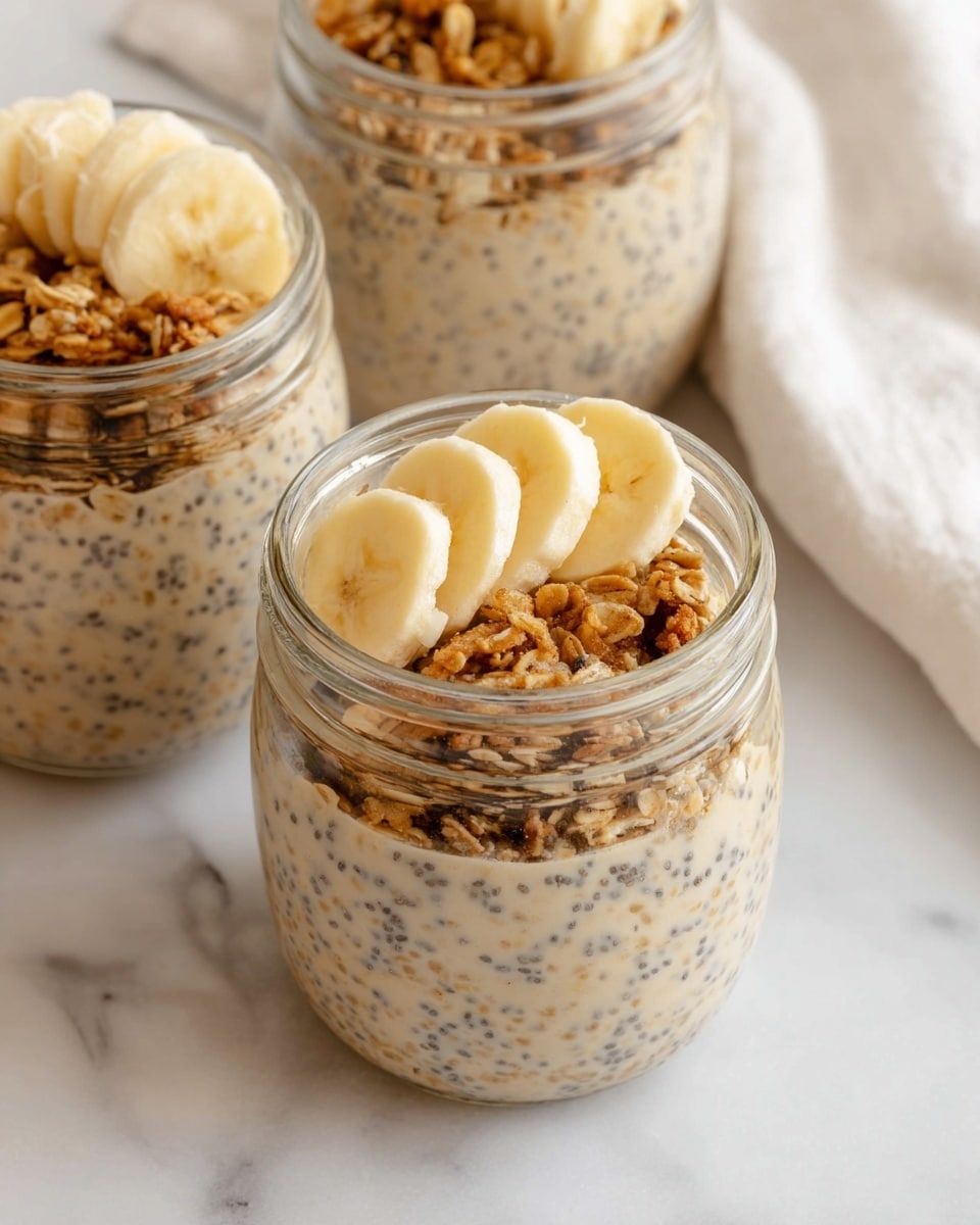 The image shows three small clear glass jars filled with a creamy beige mixture that has visible black chia seeds and small pieces of oats inside. Each jar is topped with two main layers; one side has a line of thin, pale yellow banana slices, and the other side has a cluster of light brown crunchy granola. The jars sit on a white marbled surface with a soft white cloth in the background. The photo focuses on the middle jar, with the others slightly out of focus around it. Photo taken with an iphone --ar 4:5 --v 7