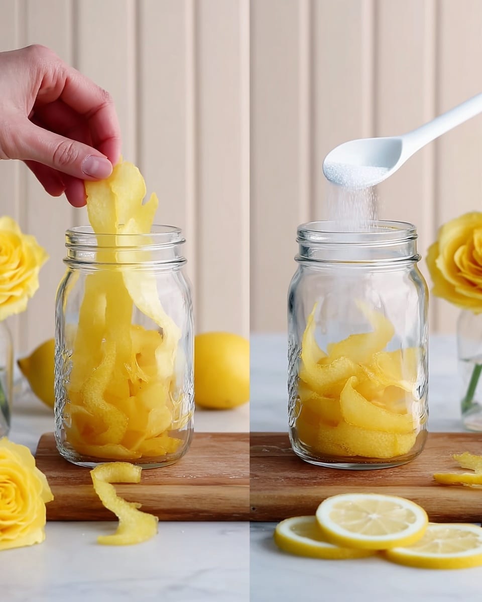 The image shows two clear glass jars side by side on a white marbled surface. Both jars are placed on a wooden board. Inside each jar, there are bright yellow lemon peels with a rough texture. A woman's hand is putting long lemon peels into the jar on the left, while the jar on the right shows a white powdery substance, likely sugar, being poured on top of lemon peels with the help of a white scoop. In the background, there is a yellow rose on the left and half a lemon on the right. Several lemon slices with a light yellow color are scattered in front of the wooden board. The background is a soft, light vertical paneling. Photo taken with an iphone --ar 4:5 --v 7