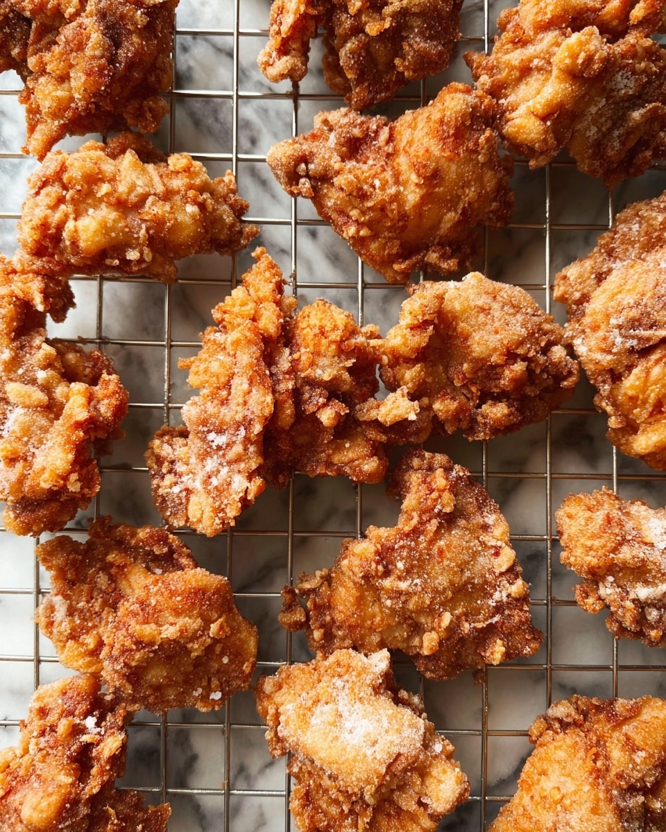 The image shows many small pieces of fried chicken with a rough, crispy coating that is light brown with patches of white flour visible. The pieces are irregular in shape and size, lying scattered on a metal cooling rack. The metal bars of the rack are thin and silver, creating a grid pattern beneath the chicken pieces. The background has a white marbled texture that contrasts with the warm tones of the fried chicken. photo taken with an iphone --ar 4:5 --v 7