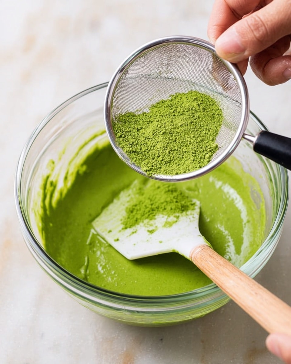 A clear glass bowl sits on a white marbled surface, filled with a smooth, bright green mixture that has a slightly thick texture. A white spatula with a wooden handle is resting inside the bowl, partly covered with the green mixture. Above the bowl, a woman's hand holds a small metal sieve with a black handle, sifting fine, vivid green powder into the bowl. The background is light, focusing attention on the vibrant green colors and glass bowl photo taken with an iphone --ar 4:5 --v 7