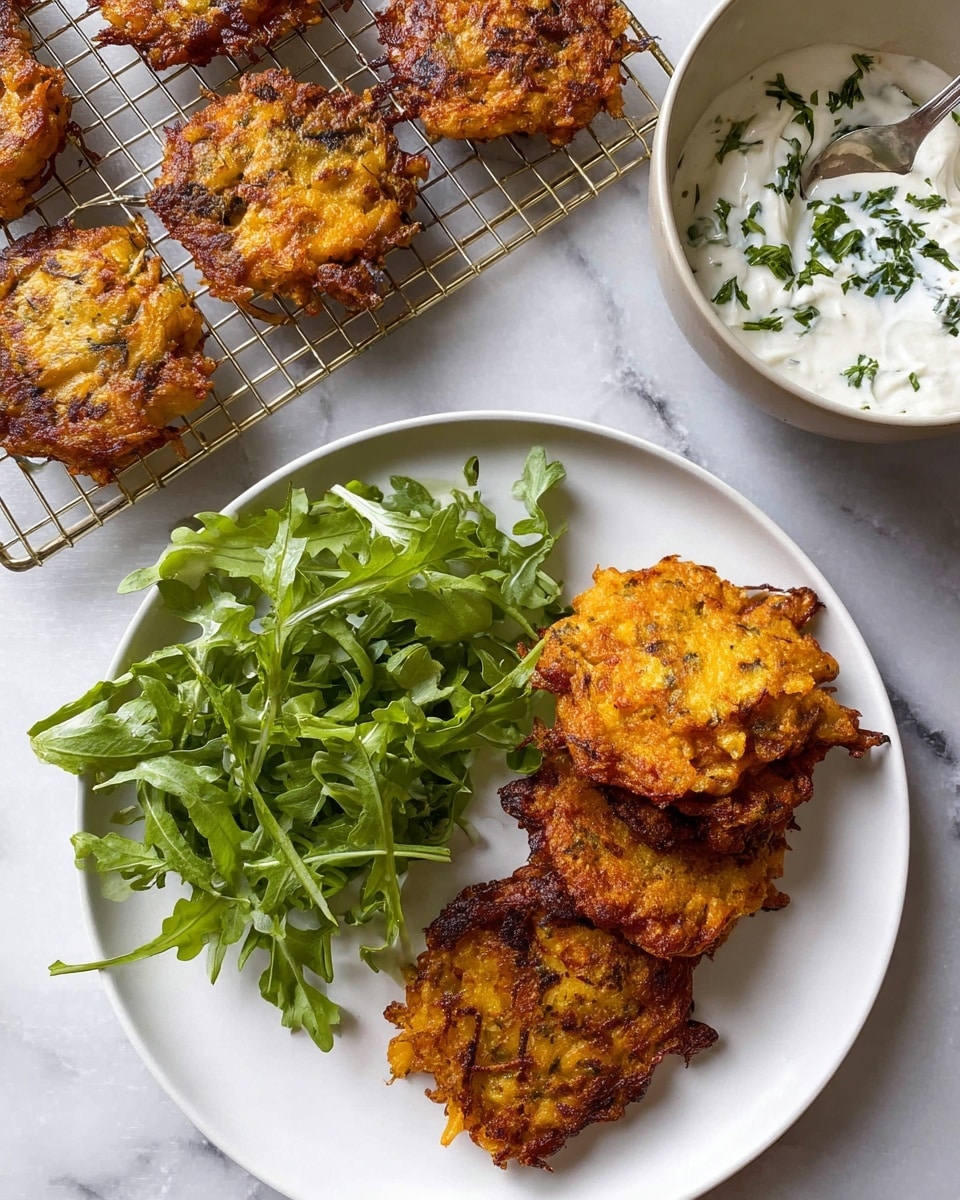 The image shows a white plate with three golden-brown fried fritters stacked on the right side, each having a rough texture with crispy, darker edges. On the left side of the plate, there is a small pile of fresh green leafy arugula. Behind the plate, there is a wire cooling rack with more fritters, similar in color and texture, arranged loosely. In the top right corner, a white bowl filled with creamy white sauce topped with chopped green herbs is partly visible, with a silver spoon resting inside. The background is a white marbled texture photo taken with an iphone --ar 4:5 --v 7