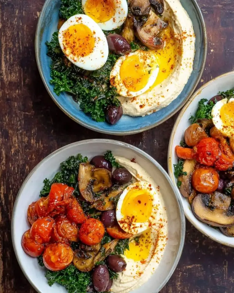Savory Breakfast Bowls with Mushrooms, Cherry Tomatoes, Spinach, and Hummus Recipe
