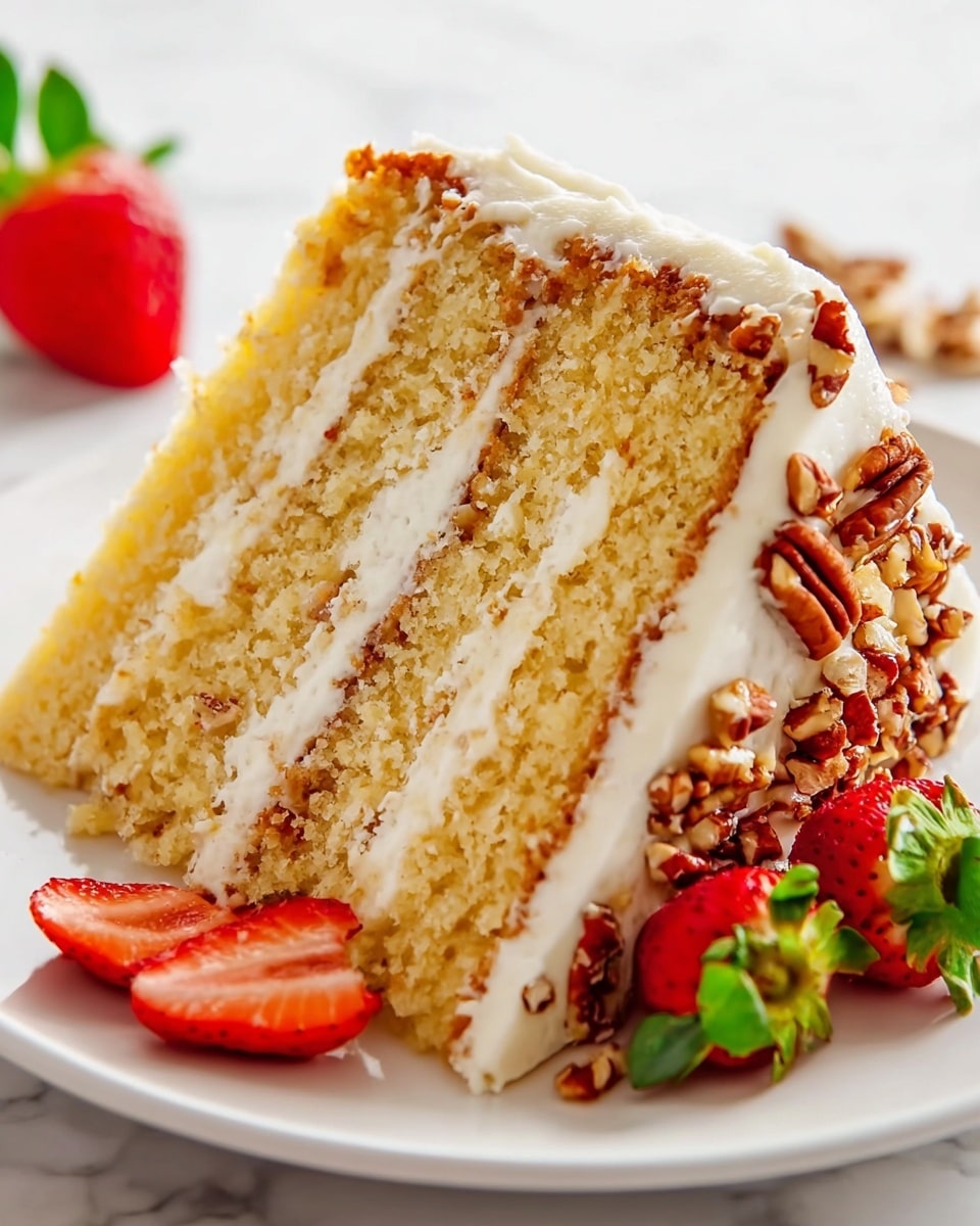 A slice of three-layer yellow cake with white cream frosting between each layer sits on a white plate, resting on a white marbled surface. The cake layers look soft and moist with a light golden color. White cream frosting covers the top and sides of the cake, and the sides are decorated with chopped pecans. On the plate, there are two sliced red strawberries with green leaves next to the cake. The lighting is bright and natural, highlighting the textures of the nuts, cream, and cake. Photo taken with an iphone --ar 4:5 --v 7