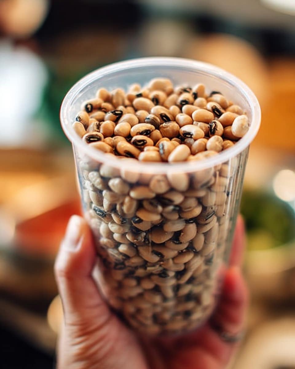 A close-up view of a woman's hand holding a clear plastic container filled to the top with small beige and brown beans that have a smooth texture and some black markings. The container is cylindrical, and the beans are packed evenly inside, showing their round shape and slight shine. The background is softly blurred, giving focus to the container and the beans, with warm colors hinting at a kitchen setting. Photo taken with an iphone --ar 4:5 --v 7
