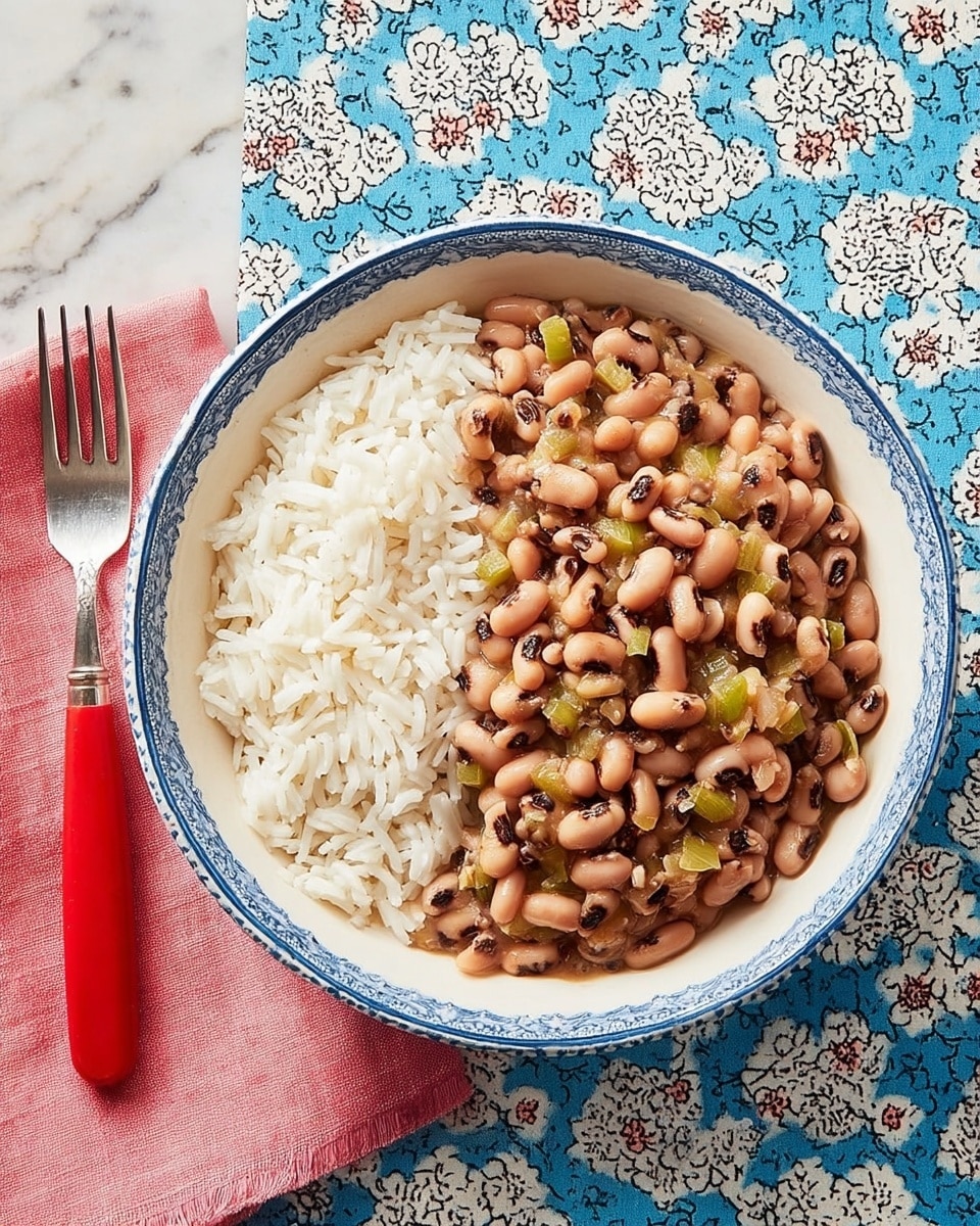 A white bowl with a blue rim holds a dish with two layers: on one side, light fluffy white rice with soft grain texture, and on the other side, cooked black-eyed beans mixed with small bits of green peppers and onions, giving a soft, slightly shiny look. The bowl sits on a white marbled surface with a blue and white floral patterned cloth underneath. A red-handled fork rests on a folded pink napkin beside the bowl. photo taken with an iphone --ar 4:5 --v 7