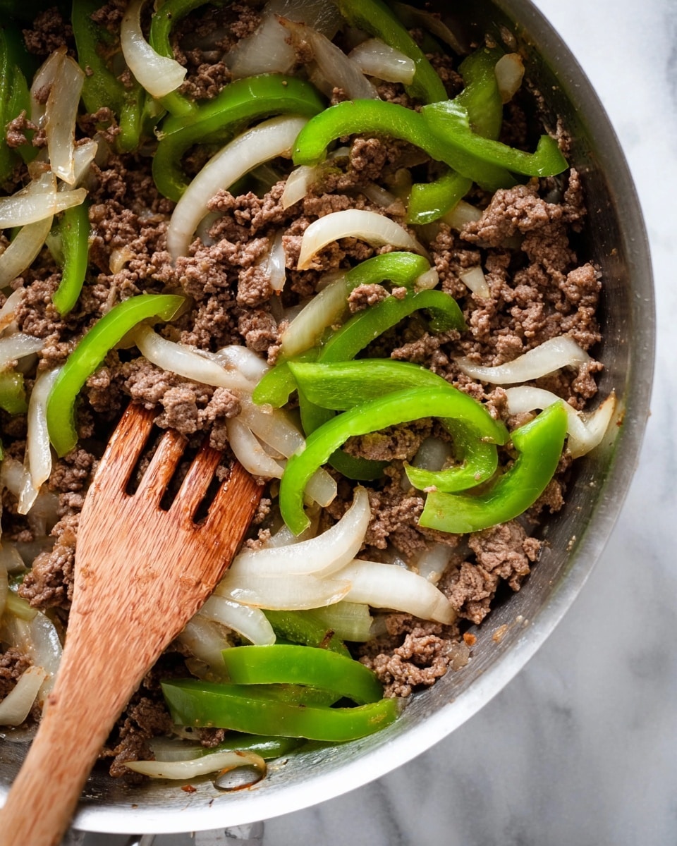 The image shows a close-up of cooked food in a silver pan on a white marbled surface. The dish has three layers visible: a base of brown cooked ground beef with a soft texture, mixed with semi-translucent white onion slices that have a slight shine, and bright green bell pepper strips that look tender but still firm. A wooden slotted spatula is resting in the pan, partly covered with some of the ingredients. photo taken with an iphone --ar 4:5 --v 7