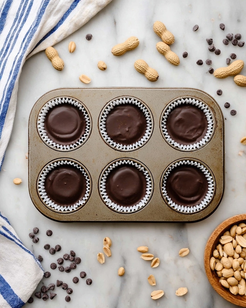 A metal muffin tray with six round cups is shown from above on a white marbled surface. Each cup holds a white paper liner filled with smooth, dark chocolate, level and glossy on top. Around the tray, raw peanuts in shells and small dark chocolate chips are scattered randomly. In the top left corner, a white cloth with blue stripes is partially visible. On the bottom right, a small wooden bowl is filled with more peanuts in shells. photo taken with an iphone --ar 4:5 --v 7
