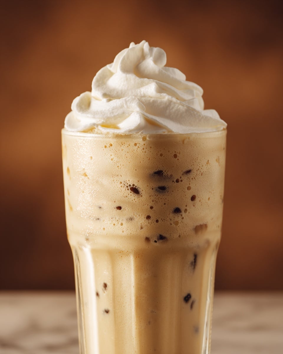 A tall clear glass filled with a light brown creamy drink, showing small darker brown spots and bubbles throughout the drink. The glass has a thick layer of white whipped cream swirled on top, rising above the rim in soft peaks. The background is a smooth warm brown color. The glass rests on a white marbled surface. Photo taken with an iphone --ar 4:5 --v 7